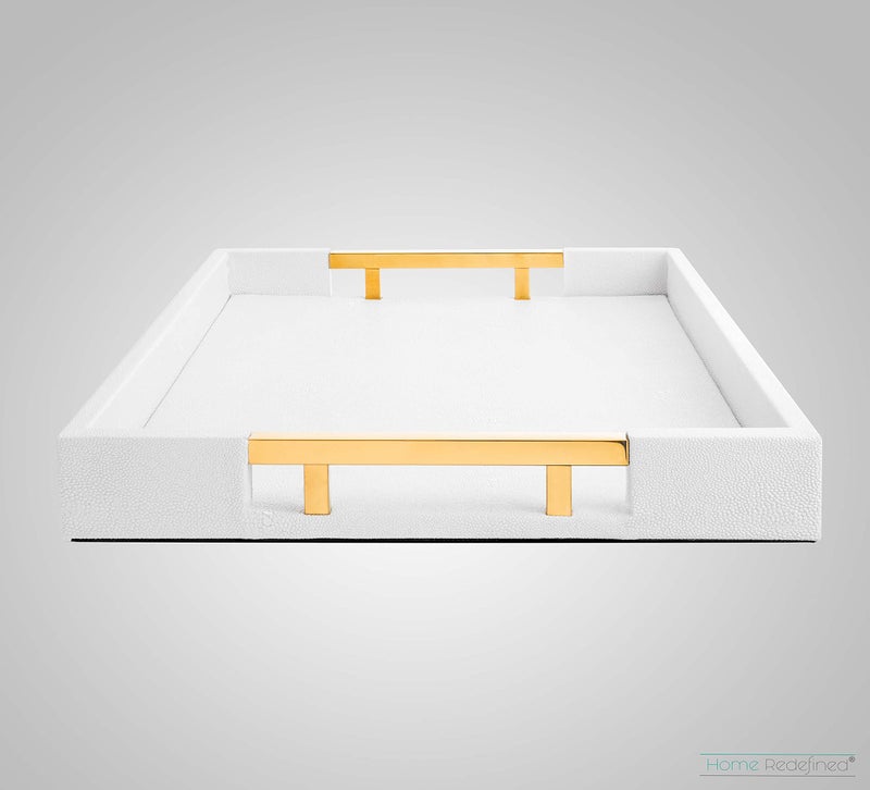 Home Redefined Modern Elegant 17.5"x12" Rectangle Glossy Faux Leather Shagreen White Decorative Serving Tray with Gold Polished Metal Handles for Ottoman Coffee Table Perfume - Image 4
